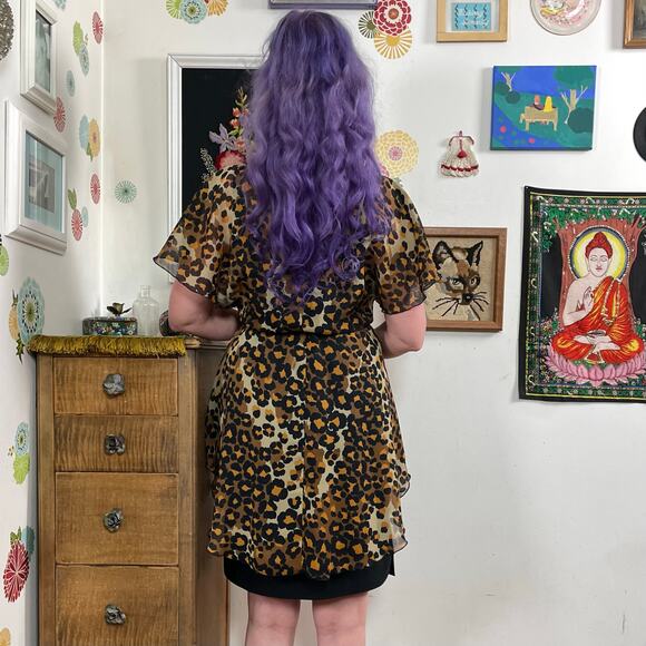 Vintage Leopard Print Dress, 1970s Punk Party Dress w Sheer Overlay, Sz S - Picture 3 of 10